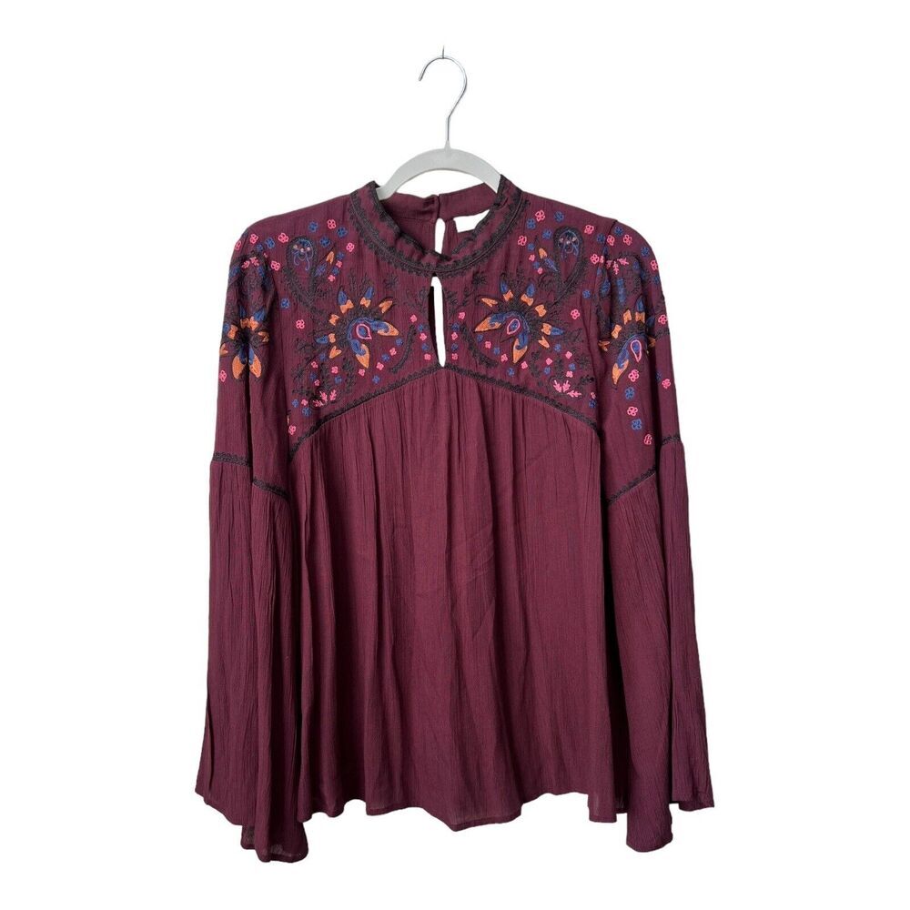 Parker Womens Boho Blouse Embroidered Flare Sleeves Purple High‎ Neck Size M